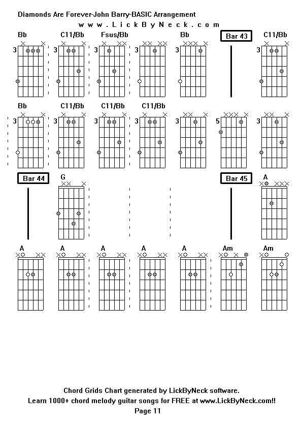 Chord Grids Chart of chord melody fingerstyle guitar song-Diamonds Are Forever-John Barry-BASIC Arrangement,generated by LickByNeck software.